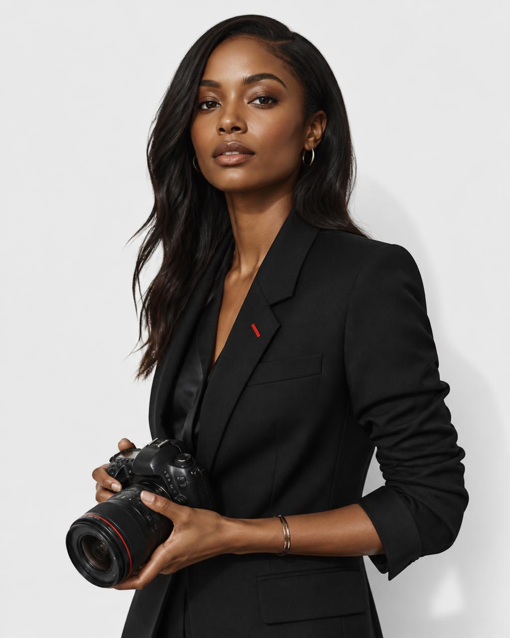 Miranda, creative director and photographer, holding a professional camera